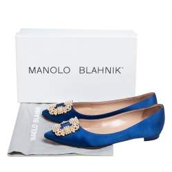 Pre Owned Manolo Blahnik Blue Satin Hangisi Pearl Embellished Flats Size 36