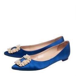 Pre Owned Manolo Blahnik Blue Satin Hangisi Pearl Embellished Flats Size 36