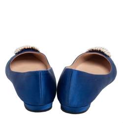 Pre Owned Manolo Blahnik Blue Satin Hangisi Pearl Embellished Flats Size 36