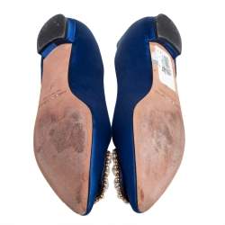 Pre Owned Manolo Blahnik Blue Satin Hangisi Pearl Embellished Flats Size 36