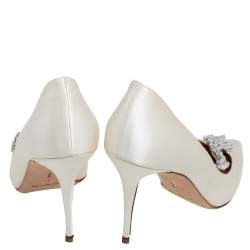 Pre Owned Manolo Blahnik Cream Satin Jewel Nadira Pointed Toe Pumps Size 40