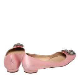 Pre Owned Manolo Blahnik Pink Satin Hangisi Embellished Ballet Flats Size 38.5