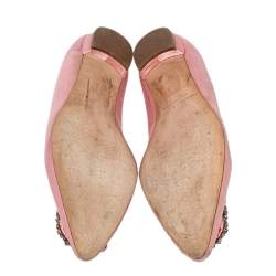Pre Owned Manolo Blahnik Pink Satin Hangisi Embellished Ballet Flats Size 38.5