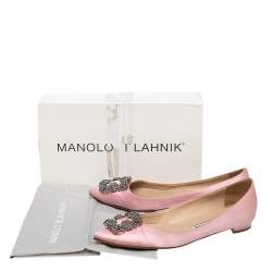 Pre Owned Manolo Blahnik Pink Satin Hangisi Embellished Ballet Flats Size 38.5