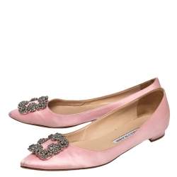 Pre Owned Manolo Blahnik Pink Satin Hangisi Embellished Ballet Flats Size 38.5
