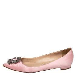 Pre Owned Manolo Blahnik Pink Satin Hangisi Embellished Ballet Flats Size 38.5