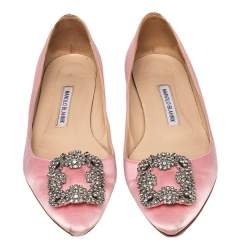 Pre Owned Manolo Blahnik Pink Satin Hangisi Embellished Ballet Flats Size 38.5