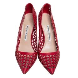 Pre Owned Manolo Blahnik Red Laser Cut Leather Pointed Toe Pumps Size 38