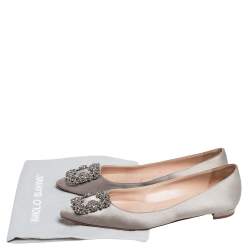 Pre Owned Manolo Blahnik Grey Satin Hangisi Ballet Flats Size 37.5