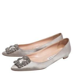 Pre Owned Manolo Blahnik Grey Satin Hangisi Ballet Flats Size 37.5