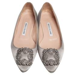 Pre Owned Manolo Blahnik Grey Satin Hangisi Ballet Flats Size 37.5