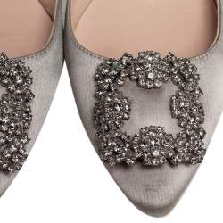 Pre Owned Manolo Blahnik Grey Satin Hangisi Ballet Flats Size 37.5