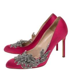 Pre Owned Manolo Blahnik Pink Satin Embellished Swan Pumps Size 41