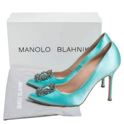 Pre Owned Manolo Blahnik Aqua Blue Satin Hangisi Embellished Pointed Toe Pumps Size 41