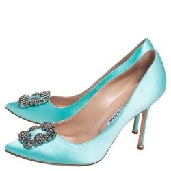 Pre Owned Manolo Blahnik Aqua Blue Satin Hangisi Embellished Pointed Toe Pumps Size 41