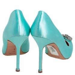 Pre Owned Manolo Blahnik Aqua Blue Satin Hangisi Embellished Pointed Toe Pumps Size 41