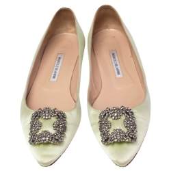 مملوكة مسبقًا حذاء باليرينا فلات مانولو بلانيك هانغيسي ساتان أخضر مقاس 41