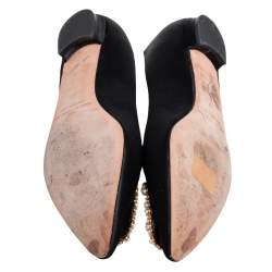 Pre Owned Manolo Blahnik Black Satin Hangisi Pearl Embellished Ballet Flats Size 37