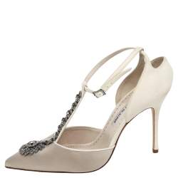 Pre Owned Manolo Blahnik White Satin And Suede Eridania D'orsay Ankle Strap Pumps Size 40