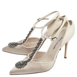Pre Owned Manolo Blahnik White Satin And Suede Eridania D'orsay Ankle Strap Pumps Size 40