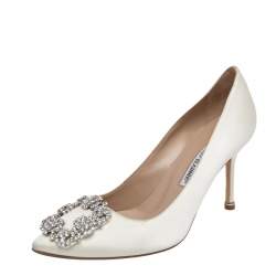 مملوكة مسبقًا حذاء كعب عالي مانولو بلانيك هانغيسي ساتان أبيض مزخرف مقاس 36