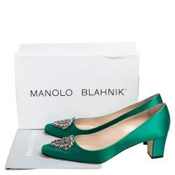 Pre Owned Manolo Blahnik Emerald Green Satin Okkato Pumps Size 40.5