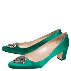 Pre Owned Manolo Blahnik Emerald Green Satin Okkato Pumps Size 40.5