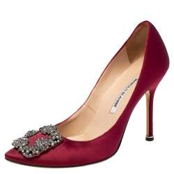 Pre Owned Manolo Blahnik Burgundy Satin Hangisi Pointed Toe Pumps Size 38