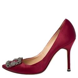 Pre Owned Manolo Blahnik Burgundy Satin Hangisi Pointed Toe Pumps Size 38
