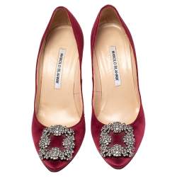 Pre Owned Manolo Blahnik Burgundy Satin Hangisi Pointed Toe Pumps Size 38
