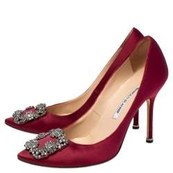 Pre Owned Manolo Blahnik Burgundy Satin Hangisi Pointed Toe Pumps Size 38