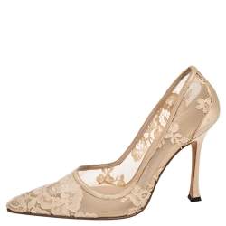 Pre Owned Manolo Blahnik Cream Lace and Satin Pointed Toe Pumps Size 37