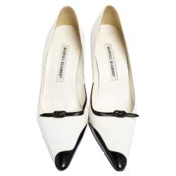 Pre Owned Manolo Blahnik White/Black Leather Buckle Embellished Pointed Toe Pumps Size 37