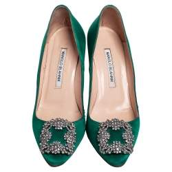 Pre Owned حذاء كعب عالي مانولو بلانيك هانغيسي ساتان أخضر مقاس 36.5