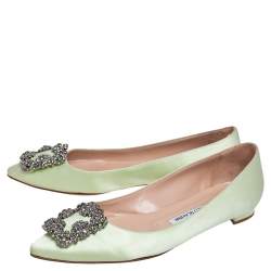 Pre Owned Manolo Blahnik Light Green Satin Hangisi Ballet Flats Size 37