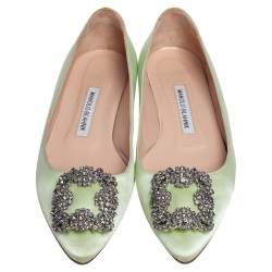 Pre Owned Manolo Blahnik Light Green Satin Hangisi Ballet Flats Size 37