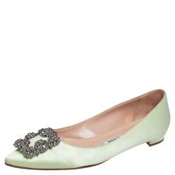 Pre Owned Manolo Blahnik Light Green Satin Hangisi Ballet Flats Size 37