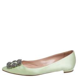 Pre Owned Manolo Blahnik Light Green Satin Hangisi Ballet Flats Size 37
