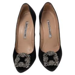 Pre Owned Manolo Blahnik  Black Satin Hangisi Pumps Size 36.5