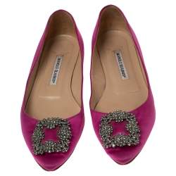 Pre Owned Manolo Blahnik Pink Satin Hangisi Crystal Embellished Ballet Flats Size 38.5