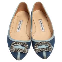 Pre Owned Manolo Blahnik Blue Satin Gotrian Crystal Embellished Pointed Toe Flats Size 37