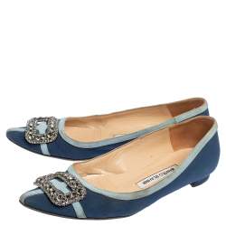Pre Owned Manolo Blahnik Blue Satin Gotrian Crystal Embellished Pointed Toe Flats Size 37