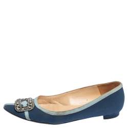 Pre Owned Manolo Blahnik Blue Satin Gotrian Crystal Embellished Pointed Toe Flats Size 37