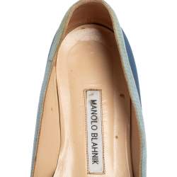 Pre Owned Manolo Blahnik Blue Satin Gotrian Crystal Embellished Pointed Toe Flats Size 37