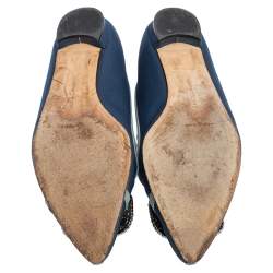 Pre Owned Manolo Blahnik Blue Satin Gotrian Crystal Embellished Pointed Toe Flats Size 37