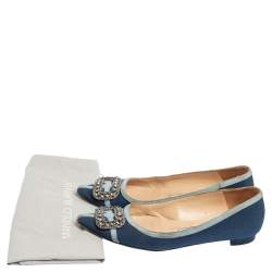 Pre Owned Manolo Blahnik Blue Satin Gotrian Crystal Embellished Pointed Toe Flats Size 37