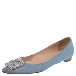 Pre Owned Manolo Blahnik Grey Glitter Hangisi Ballet Flats Size 38