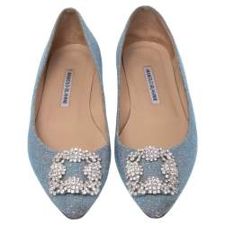 Pre Owned Manolo Blahnik Grey Glitter Hangisi Ballet Flats Size 38