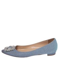 Pre Owned Manolo Blahnik Grey Glitter Hangisi Ballet Flats Size 38