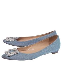 Pre Owned Manolo Blahnik Grey Glitter Hangisi Ballet Flats Size 38
